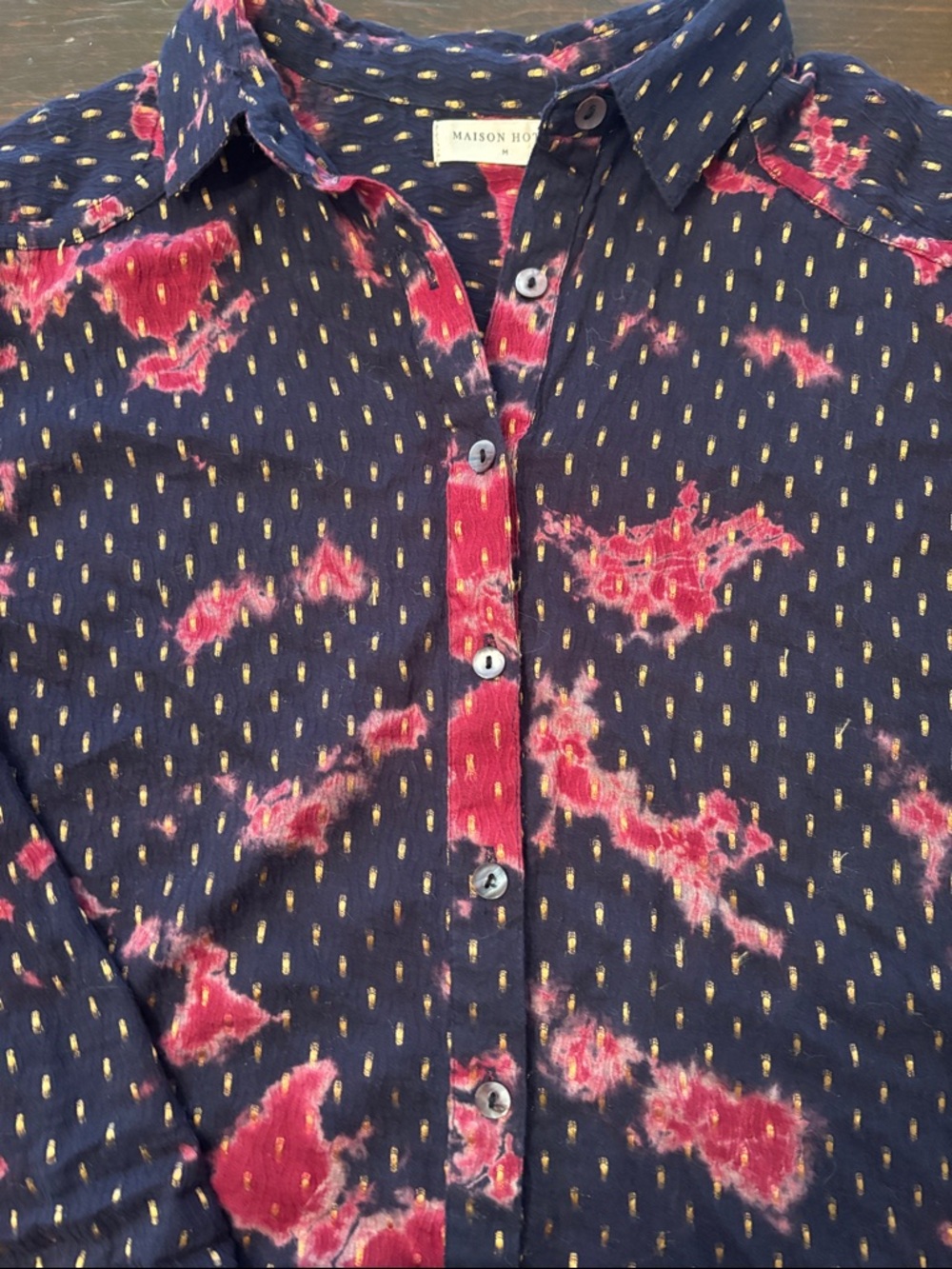 Maison Hotel Navy Gauze Button-Down with Pink Floral & Gold Dots Size Medium